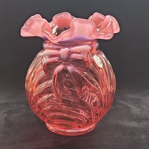 Fenton Opalescent Cranberry Bow Ruffle Vase